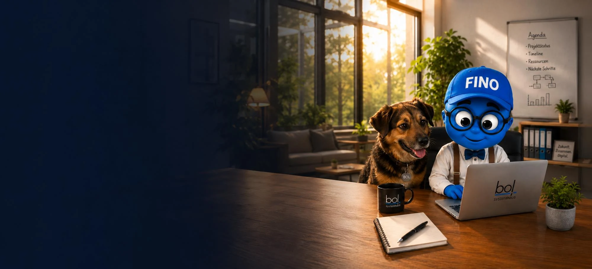 FINO mit seinem Hund am Laptop in einem modernen Büro